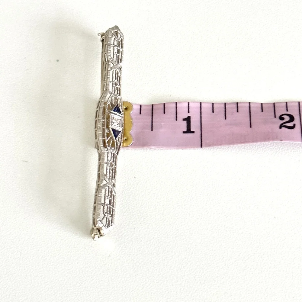 Antique 14K Solid White Gold Sapphire & Diamond Intricate Detail Bar Brooch Pin